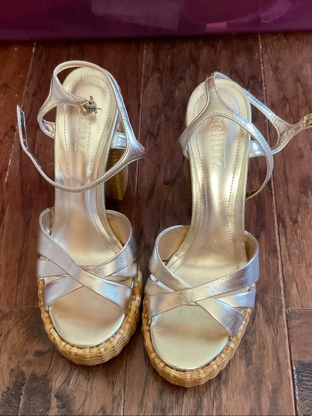 SCHUTZ Gold Metallic Wedge Sandals with Woven Platform
